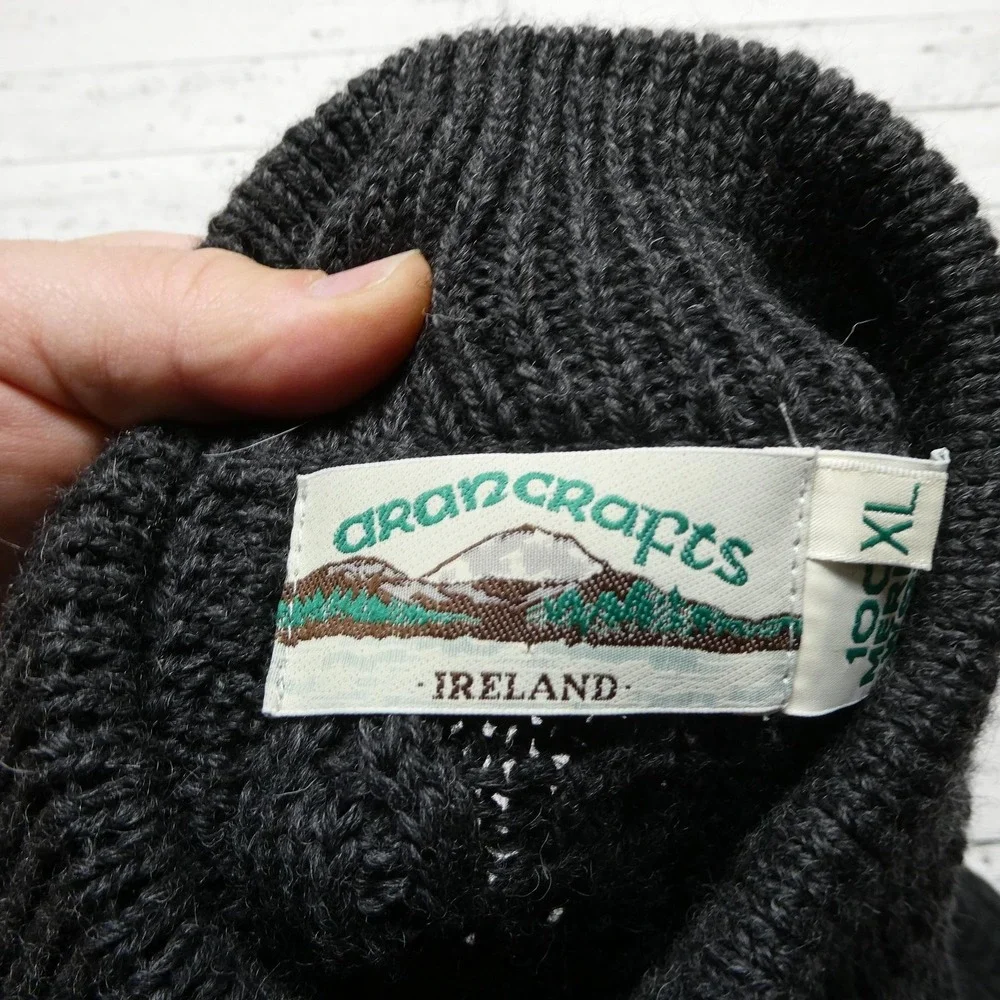 Aran Crafts Sweater Mens XL Gray Merino Wool Cable Knit 1/4 Zip Mock Neck Irish
